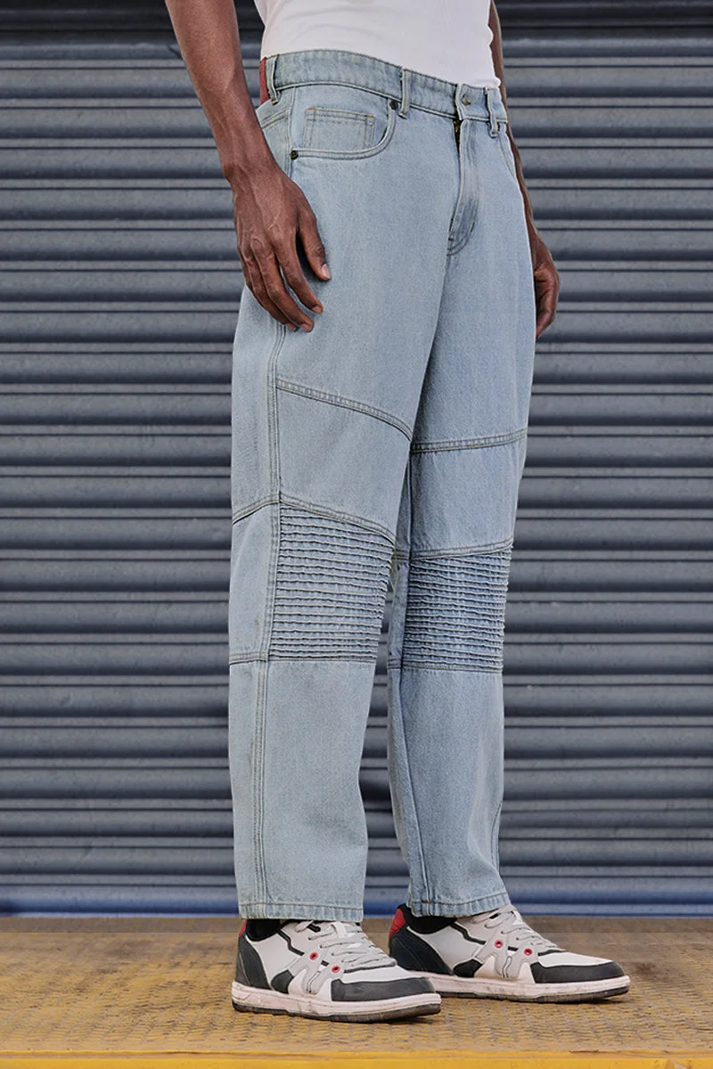 SNITCH Blue GRIND Knee Patch Baggy Biker Jeans for Men | Best Price UAE